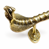 Side view of solid brass cobra door handle with backplate, vintage snake entry door pull hardware