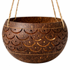Dark coconut hanging planter with fish scale carved design
