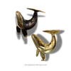 Two whale-shaped towel hanger, one gold and one bronze, on a white background 