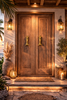 Mermaid door handle pair installed on wooden double entry doors, beach house coastal decor.