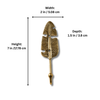Brass Fern leaf hook dimensions: 2 inches (5.08 cm) wide, 7 inches (17.78 cm) tall, 1.5 inches (3.8 cm) deep from the wall