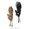 Two mermaid-shaped wall hooks, one gold and one black, on a white background.
