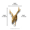 Gold deer skull wall decoration with measurements on a white background