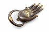 Antique brass hamsa hand door knocker with Buddha’s eye symbol on white background