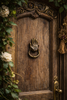 Hamsa hand door knocker mounted on rustic wooden door with vintage antique aesthetic