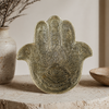 Hand of Fatima brass rolling tray on neutral background, Hamsa tray with engraved eye design, ideal as a smoking tray, tobacco tray, or spiritual decor tray