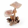 Handmade wooden mushroom sculpture with detailed carved cap and natural wood base, rustic decor piece