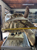Large brass sea turtle sculpture side measurement with tape for coastal decor buyers