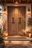 Gold mermaid door handle pair installed on double entry doors, coastal nautical front door hardware