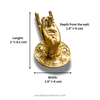 Mini brass mudra hand hook size chart showing 2 inch length and 1.5 inch width and depth
