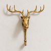 Front view of the brass moose wall hook on a light wall, showing the full spread of the branching antlers, the moose face and the hook below. A handmade brass wall sculpture and towel hook in polished gold, cast in Ubud, Bali.