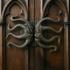 Large octopus tentacle door handle set installed on dark wood double doors, gothic nautical hardware