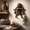 Brass octopus wall hook used as nautical wall decor in coastal bathroom interior