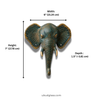 Patina brass elephant wall hook dimensions diagram showing width 6 inch (15.24 cm), height 7 inch (17.78 cm) and depth 1.5 inch (3.81 cm). Set of 4 handcrafted verdigris patina elephant decorative coat hooks and towel hooks for boho home decor, wabi sabi decor, yoga room decor, meditation space and eclectic gallery wall housewarming gift set of 4