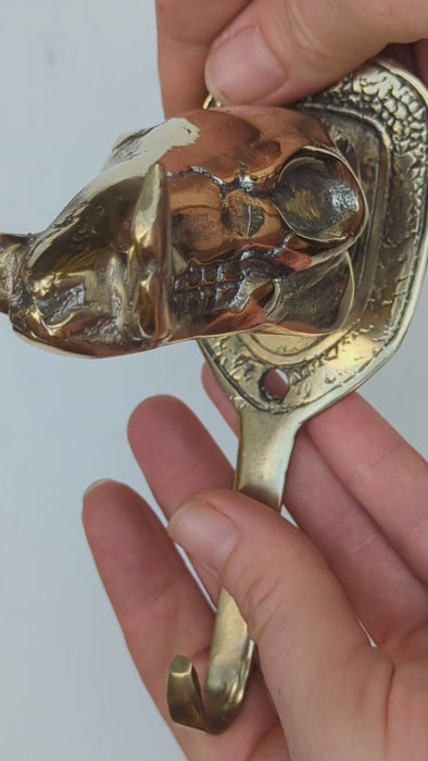 Close-up video still showing the brass boar skull wall hook and mounting details