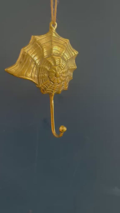 Video showing brass seashell wall hook with spiral web design hanging against a dark blue wall, nautical coastal coat hook