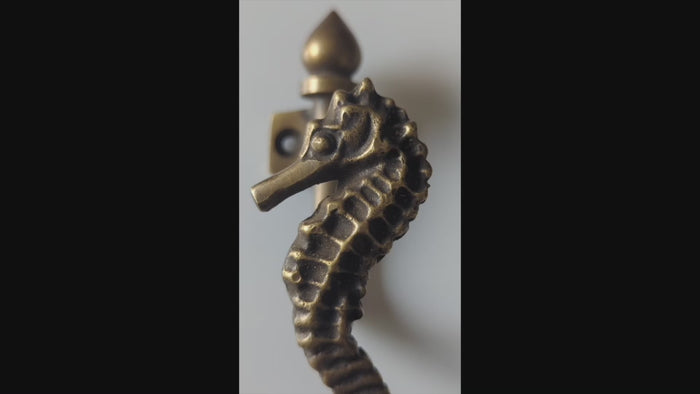 Video showing handmade brass seahorse wall hook with coastal nautical design and texture detail