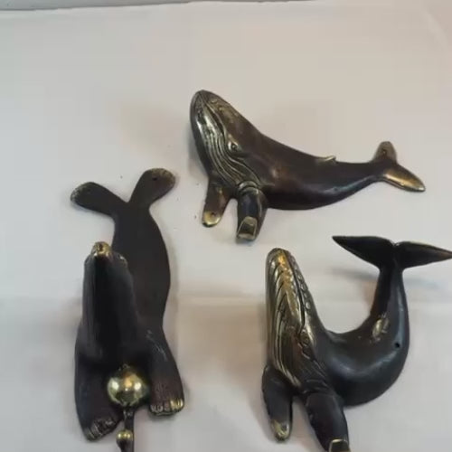 Antique brass sea life wall hooks set whale and seal design coastal nautical decor video preview