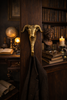 Ram head wall hook in dark academia interior, gothic brass wall hook with hanging coat