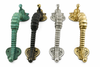 Collection of seahorse cabinet pulls in different finishes including green patina, antique brass, silver and gold