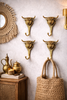 Set of 4 brass bull head wall hooks styled as mini gallery wall, functional wall art hooks for entryway bag storage