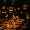 Set of four coconut patio light shades on a bbq party