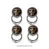 Set of 4 skull ring pulls in antique finish on white background, gothic cabinet hardware bundle for drawers and cabinets