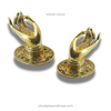 Shuni mudra brass hand wall hooks set of 2 in gold finish, decorative hardware for cabinet pulls, robe hooks and towel hooks.