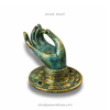 Shuni mudra brass hand hook Size 4, right orientation, green patina finish on white background.