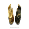 Single brass Buddha mudra hand shown in gold and antique finishes, oval base door pull and wall hook for towel or jewelry