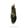 Single antique brass Buddha mudra hand from alternate angle, decorative wall hook and cabinet pull styling