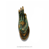 Single patina brass Buddha mudra hand from alternate angle, decorative wall hook and cabinet pull style