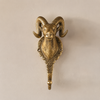 Polished gold solid brass ram wall hook on a clean neutral background showing full sculptural ram head with curved horns — decorative wall hook handmade in Ubud Bali