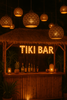 Tiki bar decor featuring hand carved coconut patio light shades above the counter
