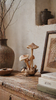 Wooden mushroom decor styled on shelf in rustic home, hand carved wood mushroom sculpture cottagecore interior
