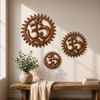 Hand carved wooden Om wall hanging in 3 sizes displayed on warm white wall above rustic wooden bench with linen and eucalyptus – small medium and large Om symbol wall decor – yoga meditation spiritual boho home decor – handcrafted solid wood made in Bali by UbudGlassandBrass