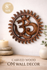 Hand carved wooden Om wall hanging medium size 8 inches 20 cm diameter – carved wood om wall decor label – detailed sunburst border and om symbol relief – yoga meditation spiritual boho home decor – om symbol wall art – solid wood handcrafted in Bali Indonesia