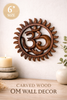 Hand carved wooden Om wall hanging small size 6 inches 15 cm diameter – carved wood om wall decor label – sunburst border relief carving – yoga meditation spiritual boho home decor – om symbol wall art – solid wood handcrafted in Bali Indonesia by UbudGlassandBrass