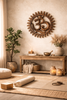 Hand carved wooden Om wall hanging styled in warm yoga meditation room with singing bowl candles and plants – om wall decor spiritual home decor – yoga studio wall art – boho hindu buddhist decor – handcrafted solid wood om symbol made in Bali Indonesia
