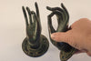Brass Buddha mudra hand hook size #2 shown next to a hand for true size, sturdy base for wall mounting as towel hook key hook jewelry hook
