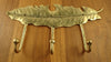 Brass feather wall hook rack wide view, 3 hooks for entryway coats, bathroom towels, kitchen utensils, and keys