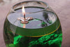 green glass candle holder on wood base molten glass decor