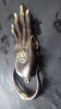 Antique bronze hamsa hand door knocker displayed vertically with vintage patina finish